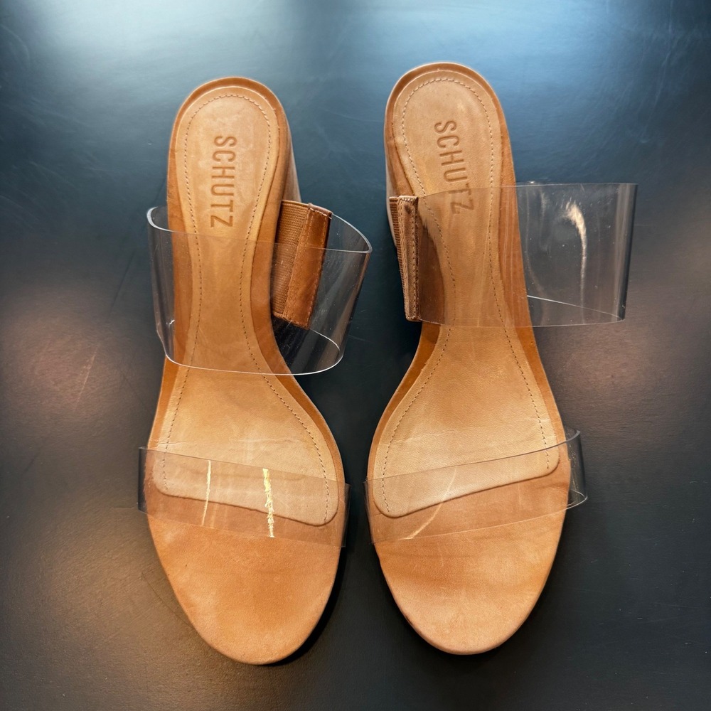 Schutz Women 9 B Clear Strap Tan Footbed Block Heel Slide Mule Sandals Neutral - Picture 7 of 16
